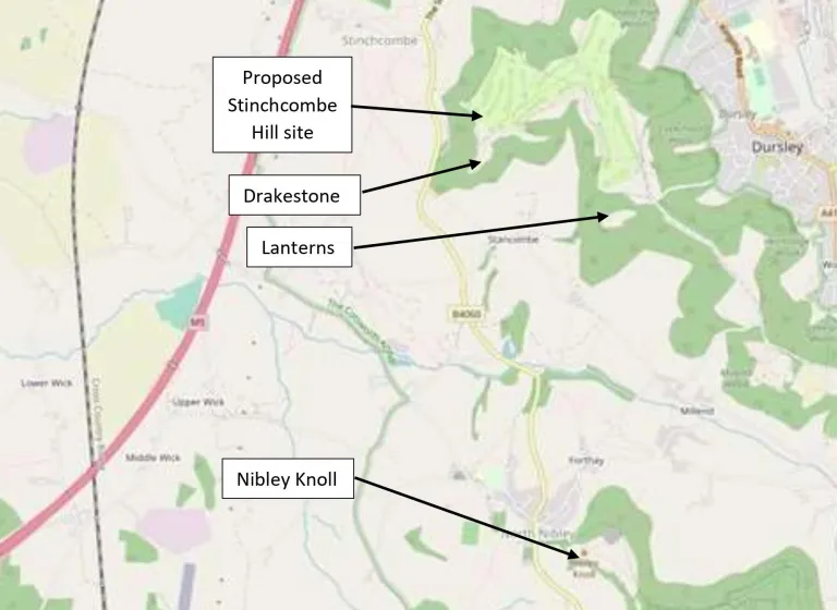 Map showing proposed locations for the Tyndale Monument