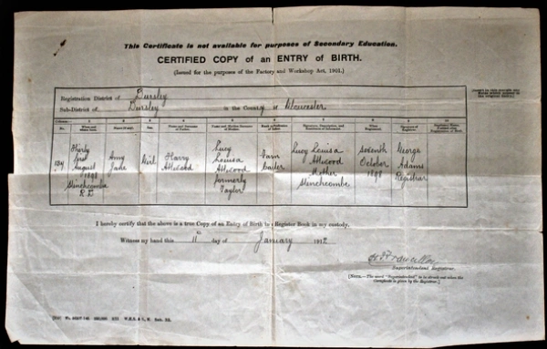 Certified copy of Amy Attwood’s birth certificate on reverse