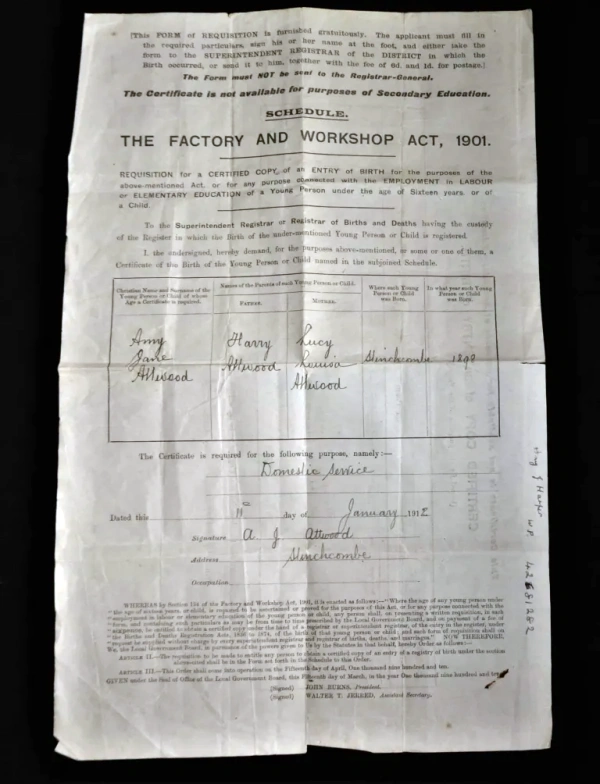 Factory & Workshop Act certificate permitting Amy Attwood to enter domestic service aged 13