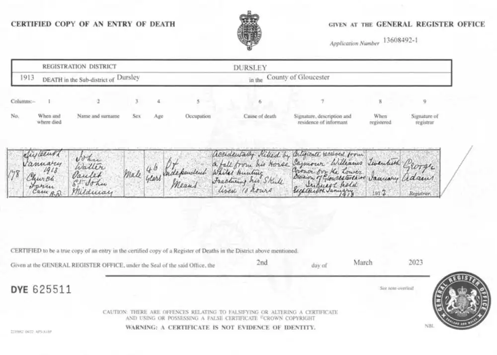 Death certificate of Walter Mildmay