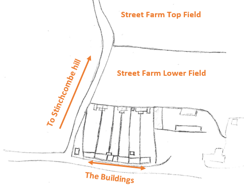 Simple map showing Street Farm Top Field and Street Farm Lower Field, buildings along the bottom, with a route to Stinchcombe Hill.