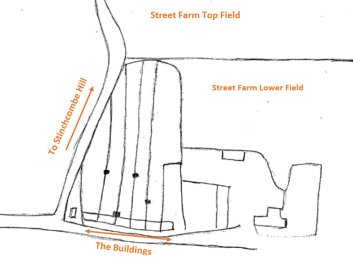 Simple hand-drawn map of Street Farm showing buildings along a curved road, with two fields labeled 'Street Farm Top Field' and 'Street Farm Lower Field' and an arrowed route toward Stinchcombe Hill.