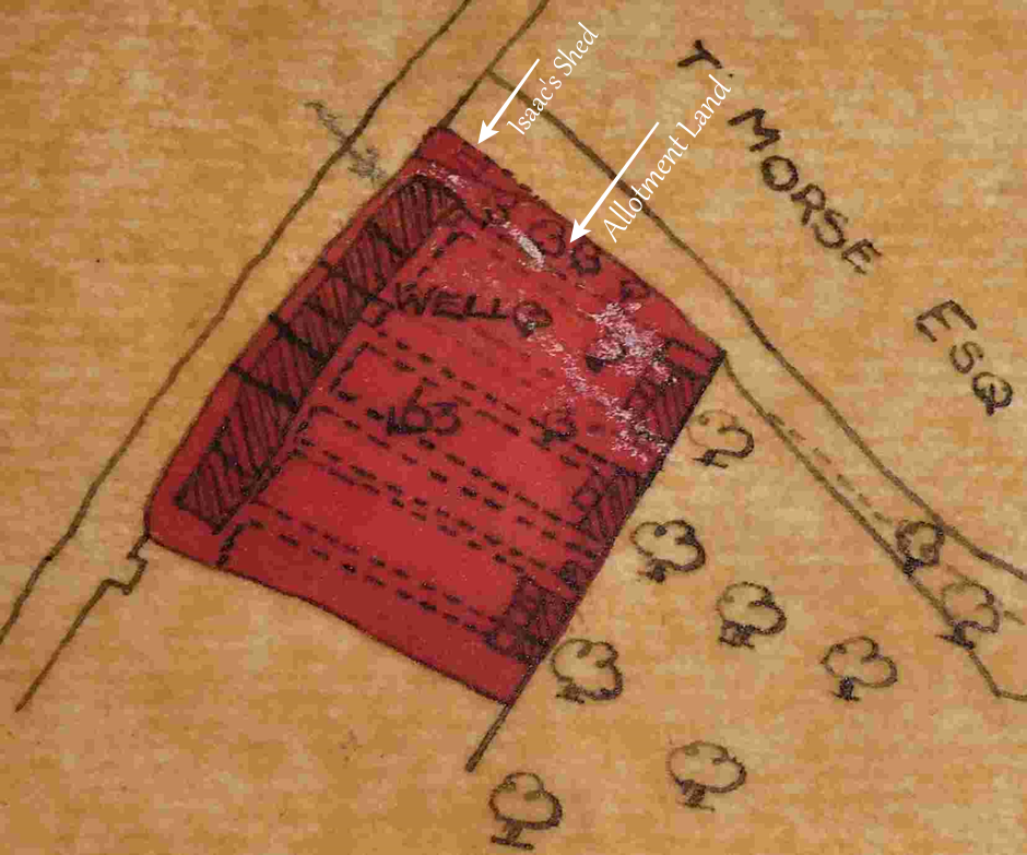 Hand-drawn map showing a red shed labeled 'Isaac's Shed' on allotment land, with boundary lines and small trees nearby.