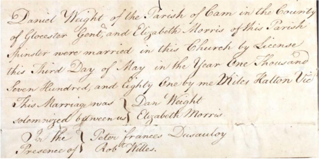 Handwritten 18th/19th-century church marriage record naming Daniel Weight and Elizabeth Morris, married by license on the third day of May, with two witnesses listed (in a parish church setting).