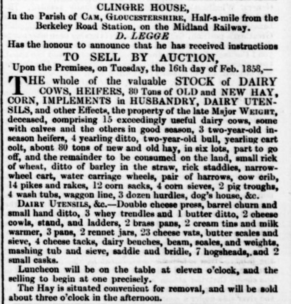 Old auction notice for Clingre House, Cam: sale of dairy stock, hay, utensils, and household goods on Feb 16, 1858; luncheon at eleven.