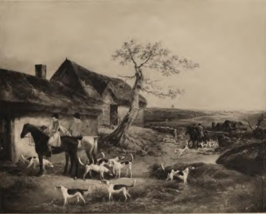 A rural scene with a thatched cottage, a gnarled tree, and people on horseback with many small dogs on a dirt path in front of the house.