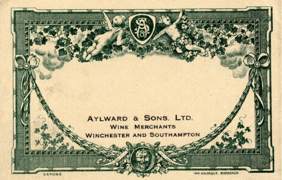 Vintage decorative certificate border for Aylward & Sons Ltd, wine merchants in Winchester and Southampton, featuring cherubs and ribbon motifs.