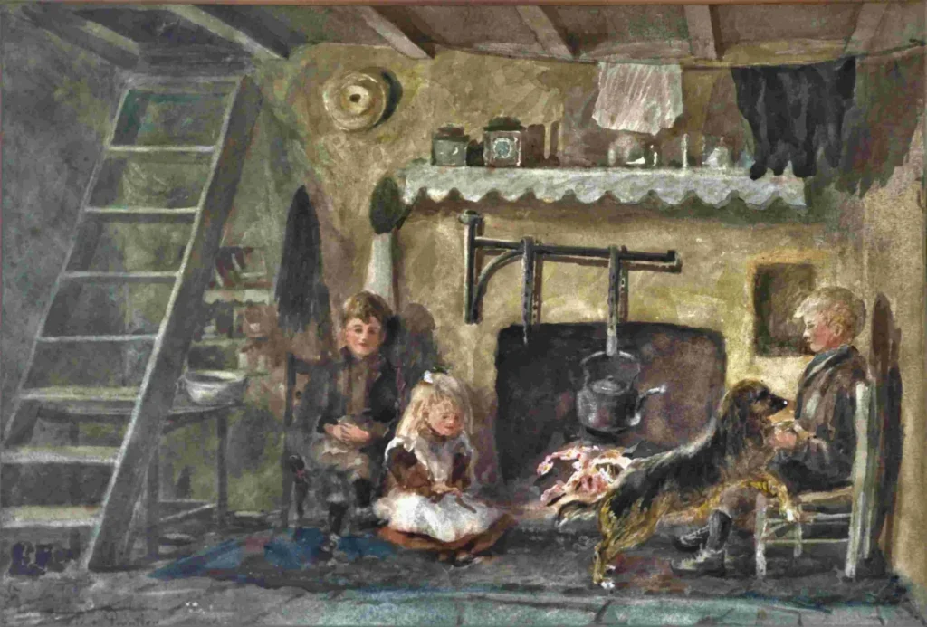 Cozy cottage scene around a fireplace with a large dog, two children, and an adult nearby.