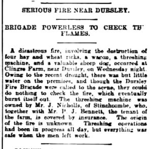 Old newspaper clipping with the headline: 'Serious Fire Near Dursley. Brigade Powerless to Check the Flames.' Describes a disastrous fire near Dursley.