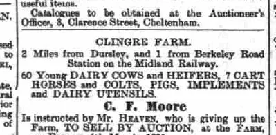 Old newspaper ad for Clingre Farm auction: 60 dairy cows and heifers, 7 cart horses and colts, pigs, implements and dairy utensils, near Berkeley Road Station on the Midland Railway.