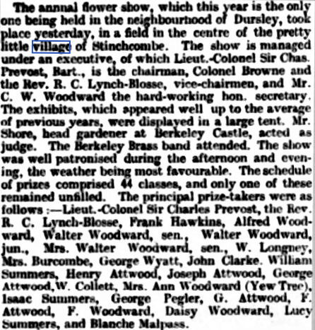 Old black-and-white newspaper clipping reporting the annual flower show held in a village near Dursley, mentioning judges, attendees, and prizes.