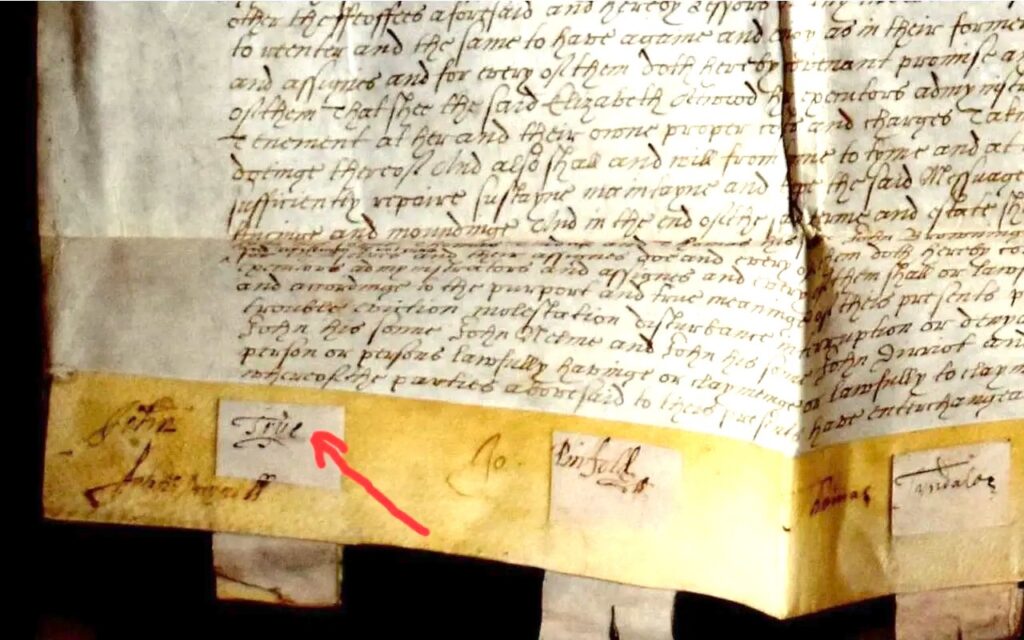 Close-up of an old manuscript page with dense cursive writing; a yellow margin holds small white name labels, one highlighted by a red arrow.