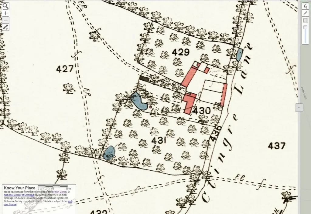 Historic map segment with parcels 429–431, a red building footprint, trees, a small blue pond, and dashed boundary lines.