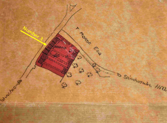 A hand-drawn map showing a red rectangular building beside a road labeled ‘Number 3’ and intersecting paths near Shincombe Hill and Moose Es3 (illegible) on an orange-brown background.