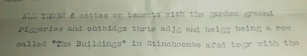 Old typed historical document listing six cottages/tenements with garden ground, outbuildings, and a row called 'The Buildings' in Stinchcombe.