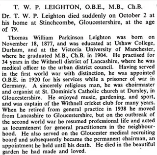 Obituary page for T. W. P. Leighton, detailing his birth in 1877, medical career in Gloucestershire, civic service, and death on October 2 at Stinchcombe.