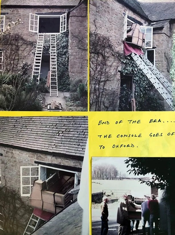 Collage of a stone building with ladders and an open window, furniture wedged outside and slipping from a second-floor opening, suggesting demolition or relocation.