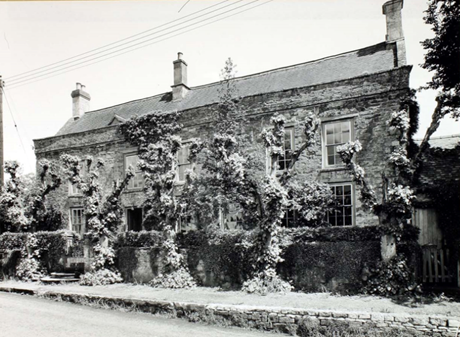 Two-story brick house with chimneys, its front facade obscured by climbing ivy.