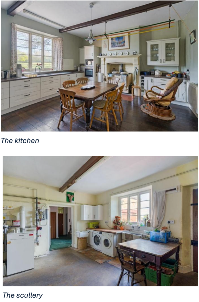 Bright country kitchen with a wooden dining table, six chairs, white cabinetry, and a large window letting in light on the left panel.