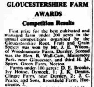 Newspaper clipping titled 'Gloucestershire Farm Awards – Competition Results' listing prize winners for best cultivated and managed under 200 acres and noting the event details.