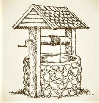 Sketch of a rustic stone well with a wooden roof and hand crank.