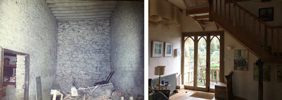 Split view: left—ruined stone room with rubble; right—a renovated living room with wooden stairs and glass doors to outdoors.