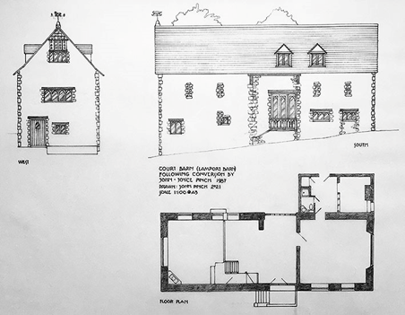 Architectural drawings of Court Barn: elevations and floor plan for conversion, showing stone walls, gabled roof, and doors.