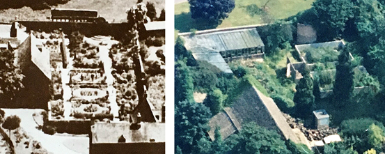 Side-by-side aerial photos of the same property: an old black-and-white image with terraced stairs on the left, and a modern color view with trees and a greenhouse on the right.