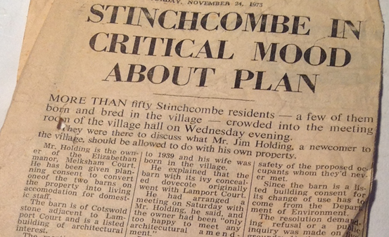 Old newspaper clipping with a bold headline: “STINCHCOMBE IN CRITICAL MOOD ABOUT PLAN,” dated November 24, 1973, followed by blocks of article text.