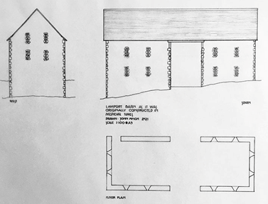 Architectural blueprint of a barn showing front and side elevations and a floor plan, labeled 'Lamport Barn' with window placements.