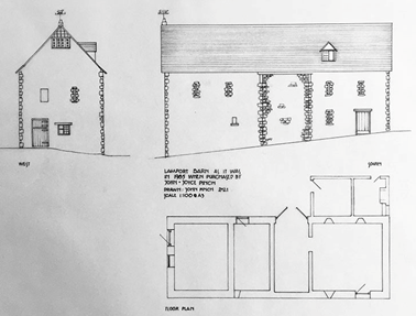 Hand-drawn elevations of a two-story stone-and-timber house with a steep gabled roof, dormer windows, and a small turret on the left; plus a side view with an arched courtyard opening, and a separate floor plan drawing showing internal layout.