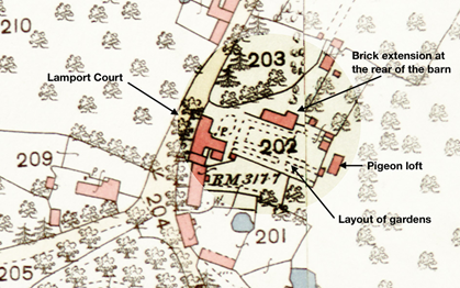 Detail of a cadastral map showing plots 201–203 with red buildings, garden layouts, a brick extension at the rear of a barn, and a pigeon loft