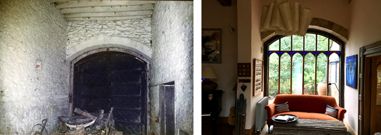 Split view: left shows an old stone arched doorway/ fireplace; right shows a bright, cozy living room with a curved window and orange sofa.