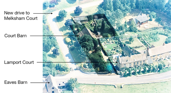 Aerial site map with labels for New drive to Melksham Court, Court Barn, Lamport Court, and Eaves Barn.