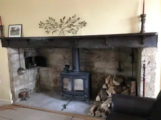 Stone fireplace with a black wood stove, firewood to the right, and a dark mantel displaying a framed photo and a metal tree sculpture above it.