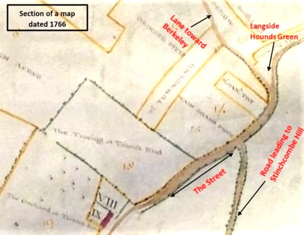 Section of a 1766 map showing The Street, a lane toward Berkeley, and a road to Stinchcombe Hill near Langside Hounds Green.