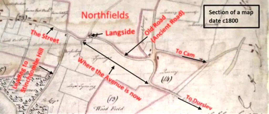 Section of a historical map (circa 1800) with red labels for streets like The Street, Northfields, Langside, Old Road, and Ancient Road; arrows show former routes now changed to the avenue.