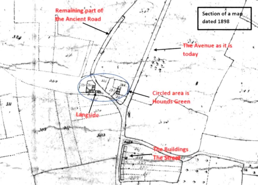Old map excerpt showing Langside with a circled area labeled 'Hounds Green' beside a road junction and nearby buildings.