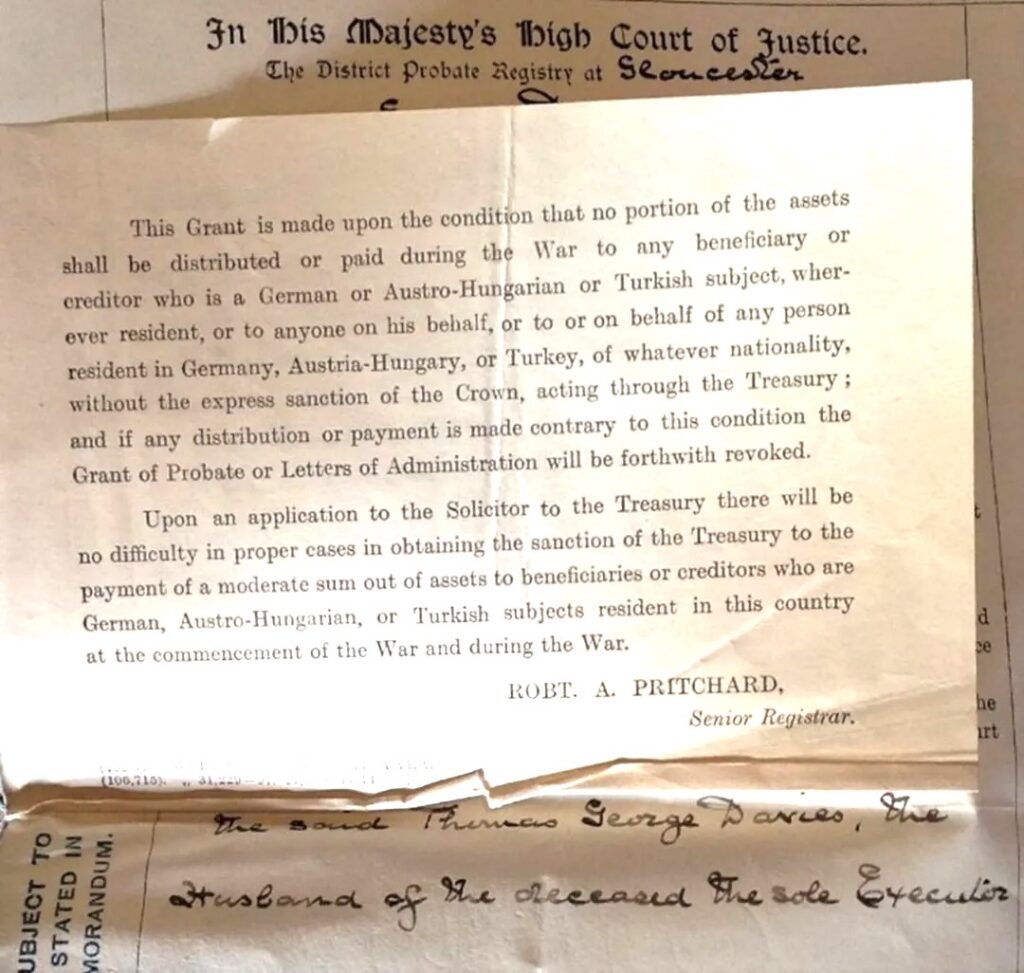 Typed grant text from the High Court of Justice, District Probate Registry, with the signature 'Robt. A. Pritchard' at the bottom.