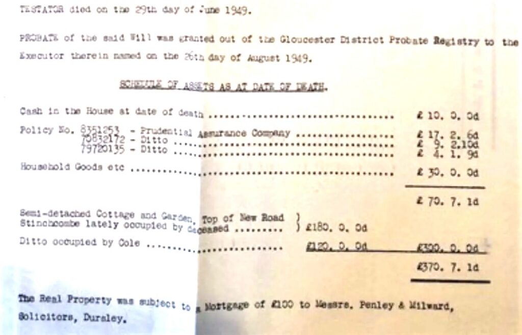 Blurry 1949 probate document listing assets at death, including house value and various items with dotted ledger lines and totals.